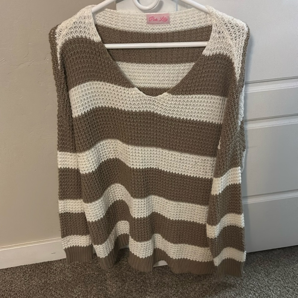 Pink Lily Striped Sweater - L